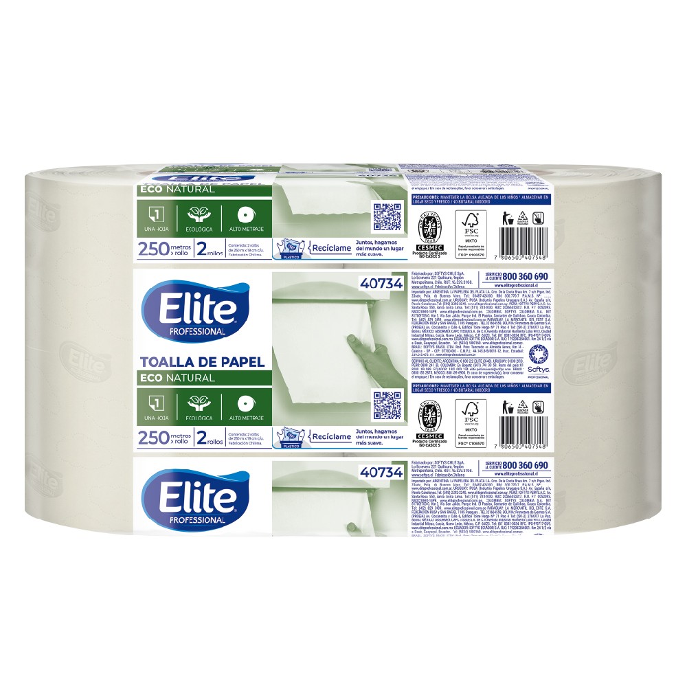 TOALLA PAPEL ELITE PROFESSIONAL ECOLÓGICA 250 METROS X 2 ROLLOS
