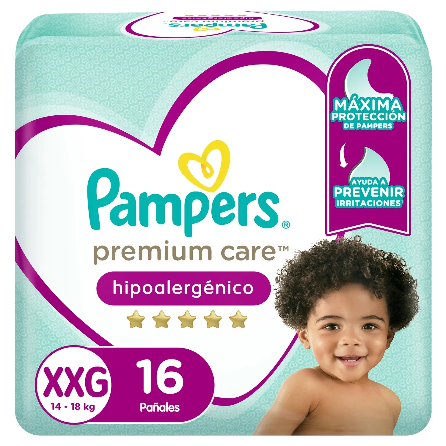 Pañales Pampers Premium Care Xxg 16 Unidades Hipoalergénicos 12h Protección Antiderrames