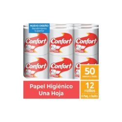 Papel Higiénico Confort Fajilla 50 Metros Una Hoja 12 Rollos