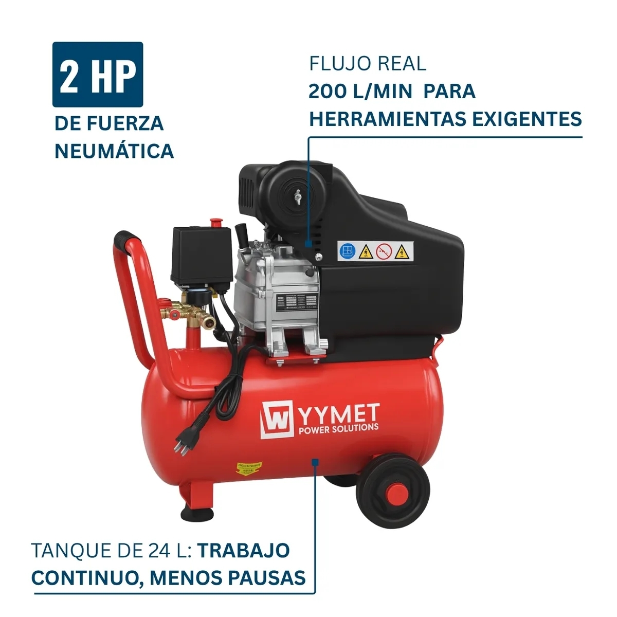 Compresor De Aire Eléctrico Wyymet 2hp 24l Portátil 115psi Rojo 50 Hz/60 Hz Monofásica - Imagen 2