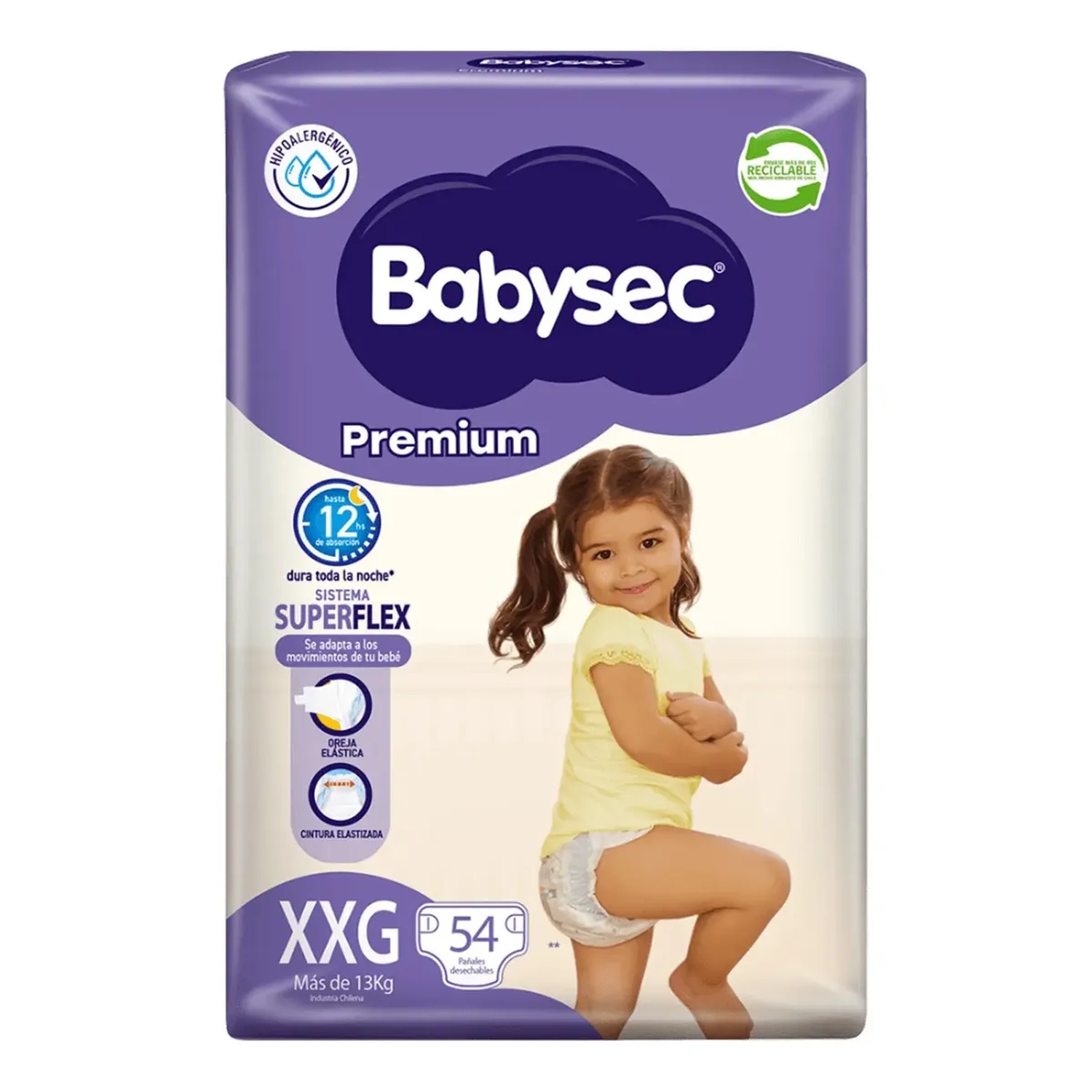 Pañal Bebe Babysec Premium Talla XXG Paq 54 Und